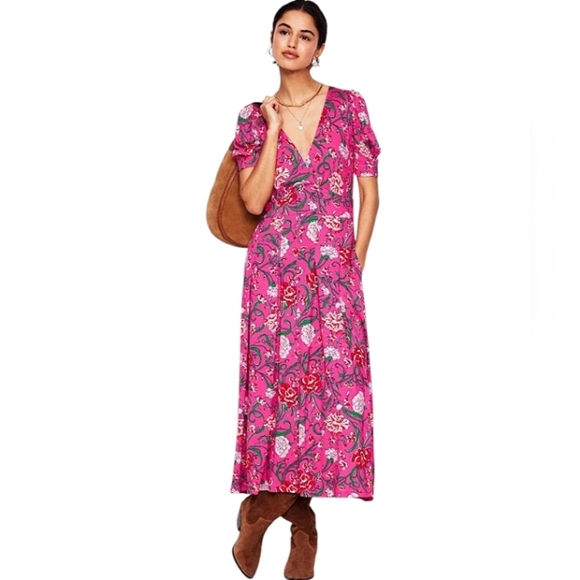 Boden Kristin Pleated Jersey Dress Carnation Yarrow Vine Print NWT Sz 4 Pockets - Picture 1 of 12